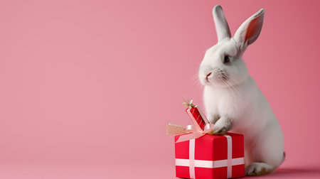 An adorable bunny holds a beautifully wrapped gift, evoking a sense of warmth and celebration against a soft pink backgroundの素材