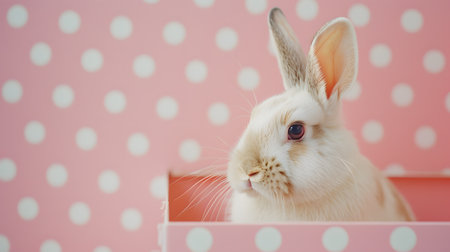 Easter Bunny Amidst Colorful Eggs: A Celebration of Love and Renewal,A cute bunny peeks over a polka-dotted surface, surrounded by pastel-colored Easter eggs scattered on a soft background, exuding a festive and playful mood.の素材