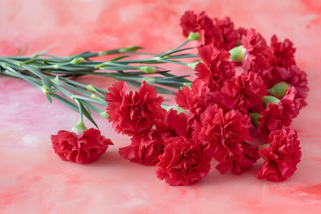 An arrangement of lush, red carnations laid on a soft pink surface, creating a warm, elegant atmosphere with their intricate petals and green stemsの素材