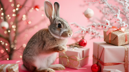 A gray and white bunny sits amidst wrapped gifts and heart-shaped ornaments, under the glow of sparkling lights, creating a festive holiday sceneの素材
