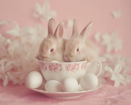 Adorable white bunnies nestled in oversized teacups, surrounded by speckled eggs and petals, creating a serene and whimsical atmosphere against a tranquil soft pink backdropの素材