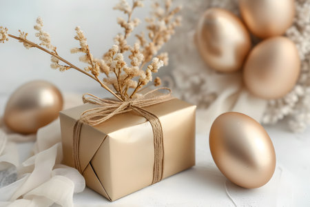 A tranquil scene featuring a burlap-wrapped gift adorned with speckled eggs, set against a backdrop of delicate dried flowers and soft, white fabric.の素材