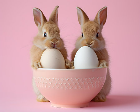 adorable bunnies nestled amid soft textures with cup and eggの素材