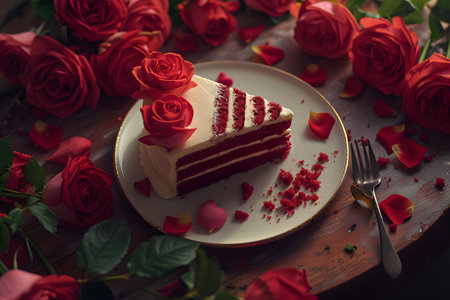 A heart-shaped red velvet cake, adorned with a red crumb heart, sits amidst a sea of vibrant, blooming roses, symbolizing love and celebration.の素材