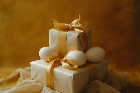 A serene display of beautifully wrapped golden gifts adorned with silky ribbons, surrounded by white, oval-shaped balloons.の素材