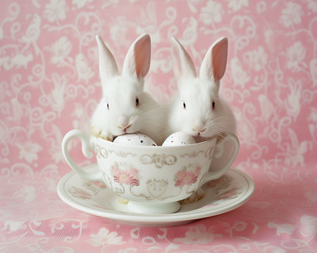 Adorable white bunnies nestled in oversized teacups, surrounded by speckled eggs and petals, creating a serene and whimsical atmosphere against a tranquil soft pink backdropの素材