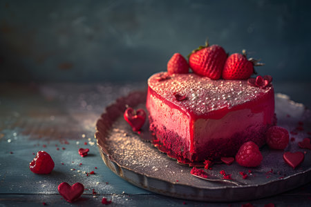 A radiant strawberry cake, glistening with sugary finesse, surrounded by fresh strawberries and raspberries, evokes a romantic and indulgent atmosphere of love and renewalの素材