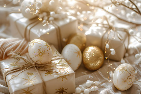 A festive arrangement of intricately designed eggs and elegantly wrapped gifts, exuding a warm, celebratory ambiance against a light backgroundの素材