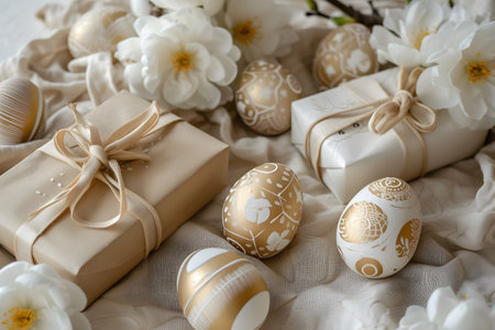 A festive arrangement of intricately designed eggs and elegantly wrapped gifts, exuding a warm, celebratory ambiance against a light backgroundの素材