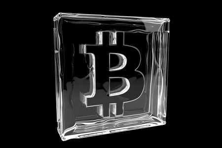 A 3D rendering of a silver Bitcoin symbol encased within a transparent, glossy cube, symbolizing the digital currency's tangible value.の素材