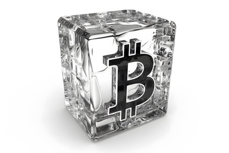 A 3D rendering of a silver Bitcoin symbol encased within a transparent, glossy cube, symbolizing the digital currency's tangible value.の素材