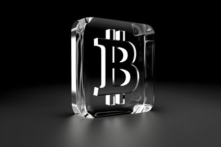 A 3D rendering of a silver Bitcoin symbol encased within a transparent, glossy cube, symbolizing the digital currency's tangible value.の素材