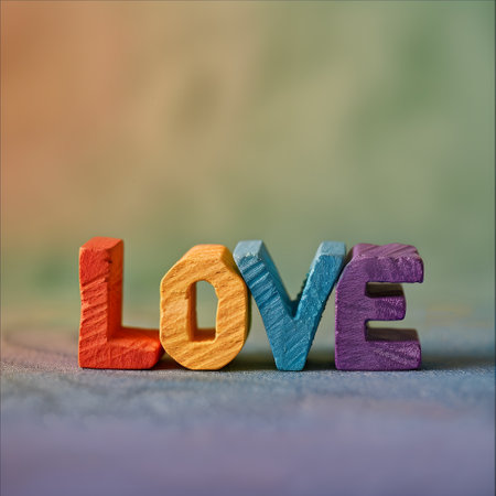 The word âLOVEâ in rainbow colors stands out against a vibrant, multicolored mosaic background, symbolizing diversity and unity.の素材