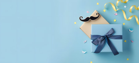 A stylish Father's Day setup featuring a glittery mustache, golden bow tie, and vibrant yellow flowers on a textured blue surface.の素材