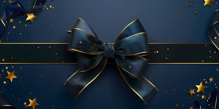 A navy blue ribbon forms an elegant bow, adorned with shimmering golden stars, exuding luxury and celebration against a dark backdrop.の素材