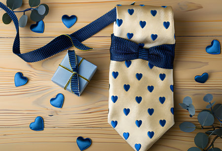 Elegant Gift Wrapped in Blue, Adorned with Hearts and a Silky Ribbonの素材