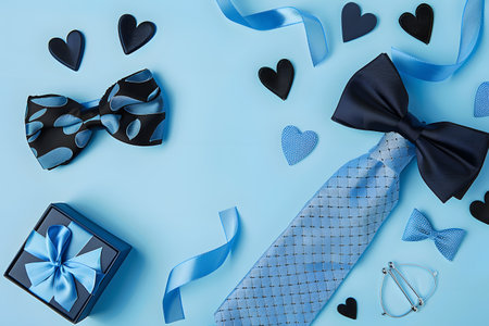 A stylish arrangement of men's accessories including a hat, glasses, bow ties, and cufflinks against a vibrant blue backdrop.の素材