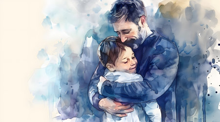 A watercolor painting capturing a tender moment of an adult and child embracing, surrounded by soft, abstract blue hues.の素材