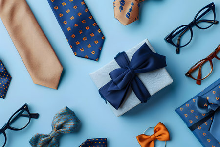 A beautifully wrapped gift, adorned with a polka-dotted ribbon, accompanied by stylish glasses and golden confetti on a vibrant blue background.の素材