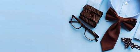 A sophisticated brown bow tie, elegant glasses, and a closed book depict a scene of refined academic elegance.の素材