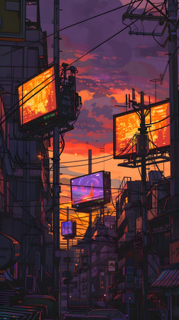 A sunset bathes a dense, technologically advanced city with neon signs and intricate architecture, creating a captivating urban spectacle.の素材