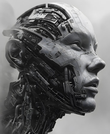 A detailed sketch of a human head, revealing intricate mechanical components within, symbolizing the blend of humanity and technology.の素材