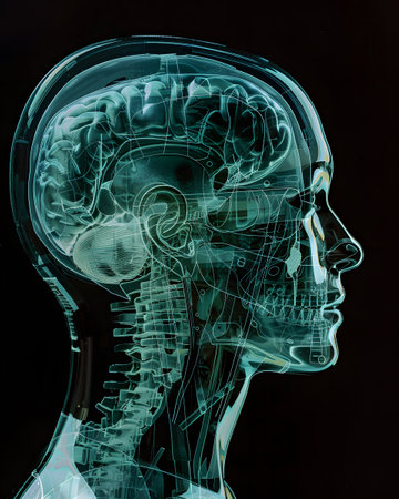 An intriguing X-ray image showscasing the complex structures of the human head, partially hidden, emphasizing the enigma of our biological makeup.の素材