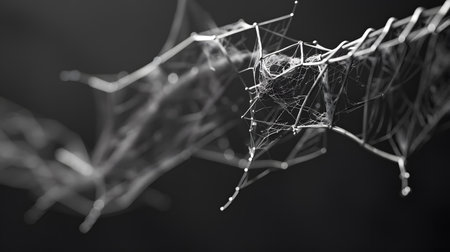 A delicate spiderweb interwoven with a metallic structure, highlighted by dramatic lighting, showing nature's artistry amidst human creation.の素材