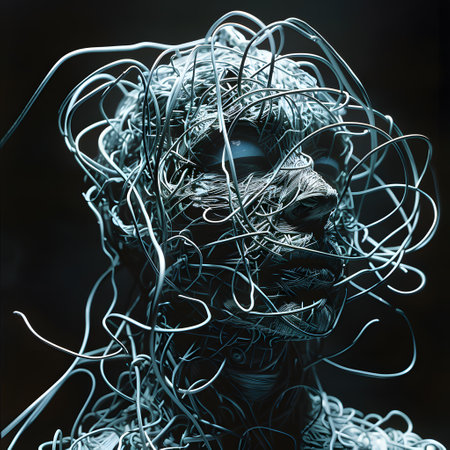 An intricate, ethereal structure resembling a neural network, highlighted by delicate white lines creating a mesmerizing pattern against a dark backdropの素材