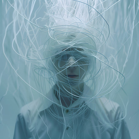 A faceless figure, obscured by a gray square, stands amidst an intricate web of chaotic white threads against a muted backdrop.の素材