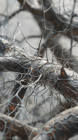 A detailed microscopic view of bone osteocytes, showing the complex structure and the beauty of biological architecture.の素材