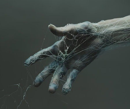 A hand, illuminated and intertwined with glowing threads, emanates a mystical aura, showing a harmonious blend of human and digital elementsの素材