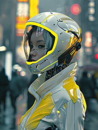 A robot with a sleek design, adorned in a white and yellow suit, stands amidst a vibrant, bustling cityscapeの素材