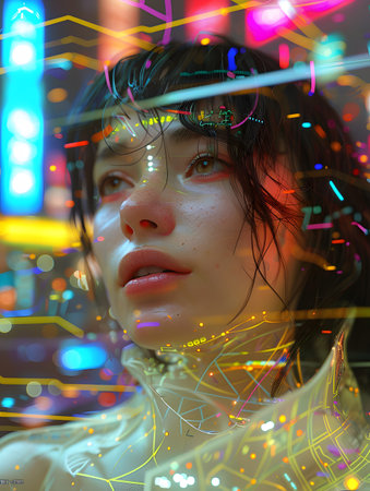 A cybernetic entity is illuminated by neon lights, showingcasing intricate circuitry and a futuristic aesthetic amidst a blurred cityscape.の素材