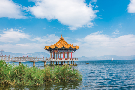 Pavilion in Yuxi Fuxian lake scenery at Yunnanのeditorial素材