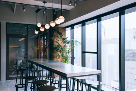 Dining room, table, high chair, French windows, windows, Dining room, table, high chairのeditorial素材