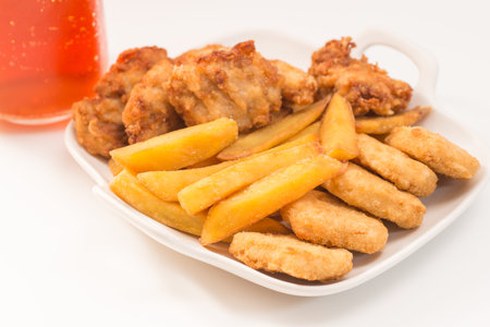 Fried chicken, fried food, French fries