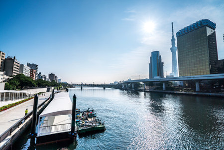 TOKYO, JAPAN - June 22, 2018: Tokyo Sky Tree and blue sky. Tokyo Sky Tree is one of the famous landmark in Tokyo. It is the tallest structure in world when built.のeditorial素材