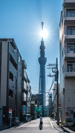 TOKYO, JAPAN - June 22, 2018: Tokyo Sky Tree and blue sky. Tokyo Sky Tree is one of the famous landmark in Tokyo. It is the tallest structure in world when built.のeditorial素材