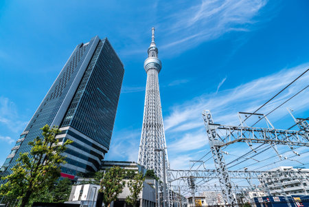 TOKYO, JAPAN - June 22, 2018: Tokyo Sky Tree and blue sky. Tokyo Sky Tree is one of the famous landmark in Tokyo. It is the tallest structure in world when built.のeditorial素材