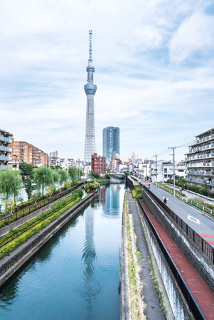 TOKYO, JAPAN - June 22, 2018: Tokyo Sky Tree, sunset and blue sky. Tokyo Sky Tree is one of the famous landmark in Tokyo. It is the tallest structure in world when built.のeditorial素材