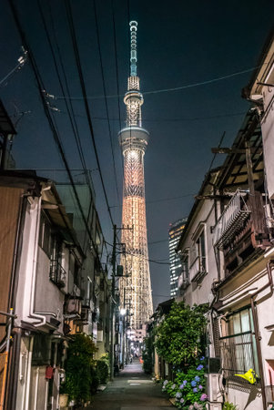 TOKYO, JAPAN - June 22, 2018: Tokyo Skytree, Sumida Ward Urban night scene. Tokyo Sky Tree is one of...