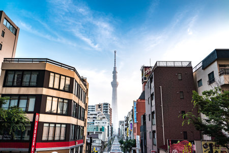 Kinshicho, Tokyo/Japan - June 22, 2018: The Main Street to Tokyo Skytree at sunriseのeditorial素材