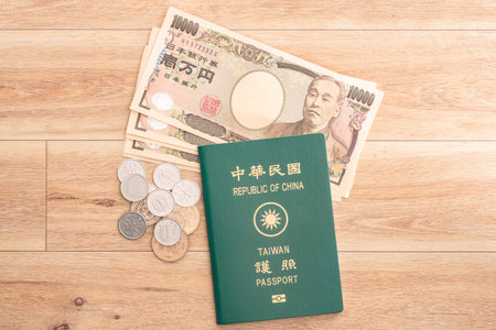 Japanese yen banknotes, Japanese yen coin and ROC Taiwan passports