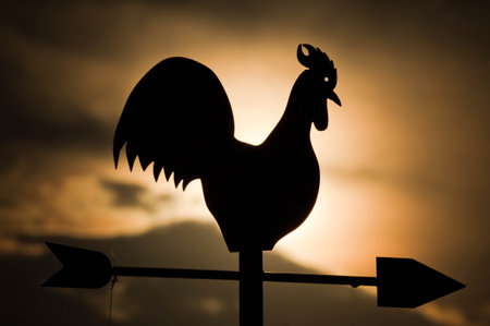 Rooster weather vane against sunrise with bright colors in clouds, concept for early morning wake upの写真素材