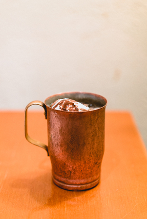 coffee in steel cup- background with space For textの写真素材