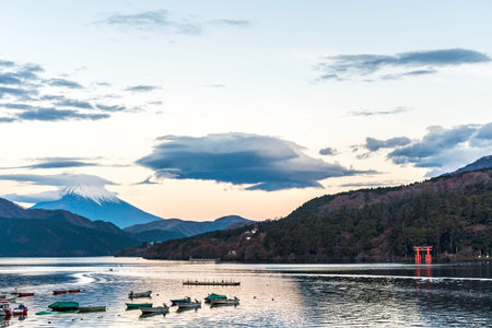 Mountain Fuji and Lake Ashi with Hakone temple and sightseeing boat in autumn