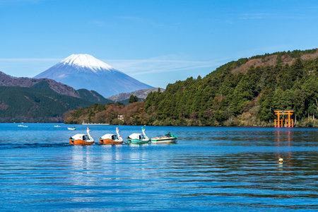 Mountain Fuji and Lake Ashi with sightseeing boat in autumn