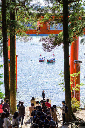HAKONE, JAPAN - NOVEMBER 17, 2018: Hakone shrine at Lake Ashinoko at Moto Hakone.のeditorial素材