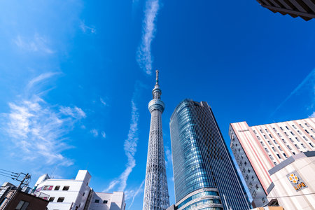 TOKYO, JAPAN - November 21, 2018: A part of Japan Tokyo skytree tower building with a blue skyのeditorial素材